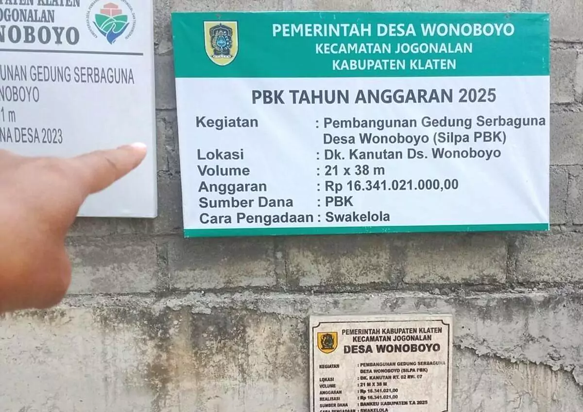 Heboh Proyek Pembangunan Gedung Desa di Klaten Telan Biaya 16 Miliar, Ternyata Bermasalah! Papan kegiatan gedung serbaguna desa wonoboyo kecamatan jogonalan klaten