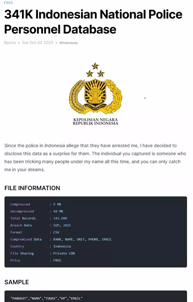 341k indonesian national police personnel database bjorka