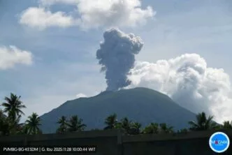 Empat Kali Meletus, Gunung Ibu Lepaskan Abu Pekat ke Tenggara