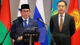 Budi Santoso menyampaikan pidato di St. Petersburg saat penandatanganan FTA Indonesia–EAEU
