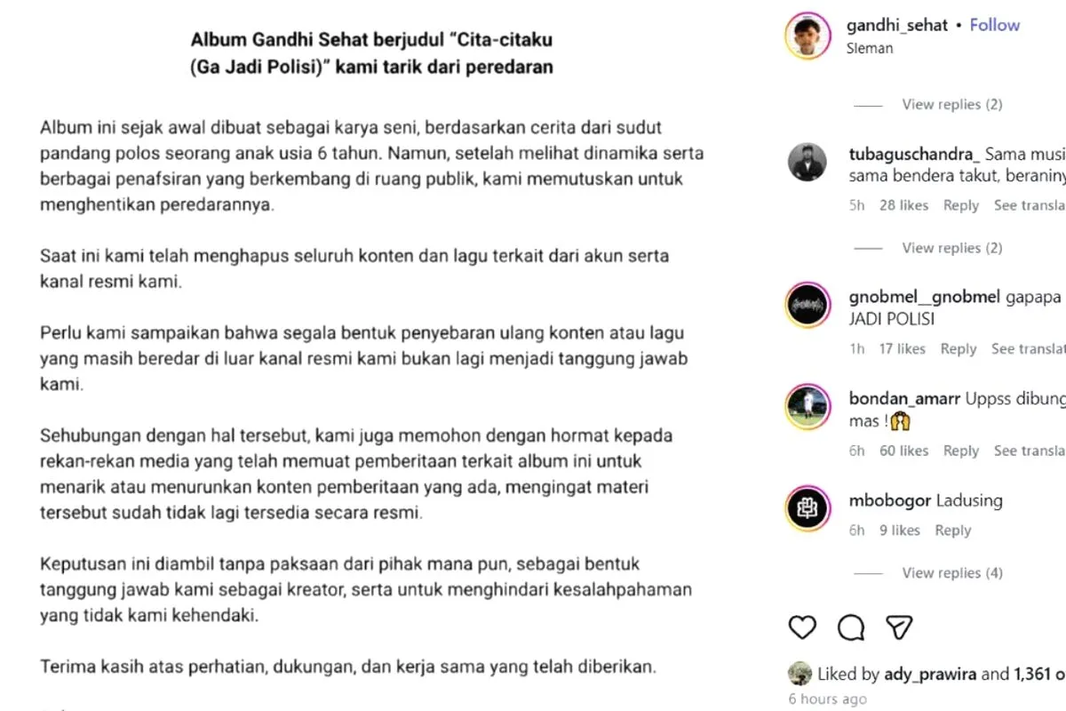 Album “Cita-citaku (Ga Jadi Polisi)” Gandhi Sehat Resmi Ditarik dari Peredaran, Ini Penjelasan Manajemen Manajemen Ungkap Alasan Album Gandhi Sehat “Cita citaku (Ga Jadi Polisi)” Ditarik