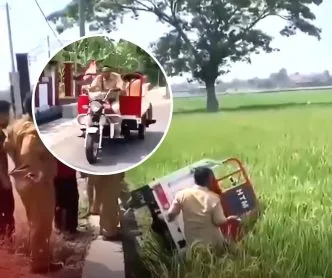 Motor roda tiga kopdes masuk sawah